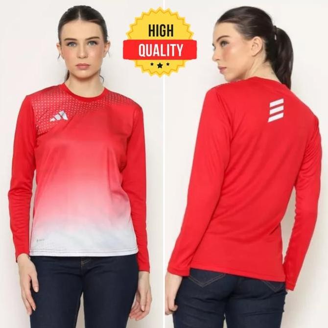 TERBARU - Kaos Olahraga Wanita Baju Senam Gym Sepeda Lengan Panjang Merah Putih