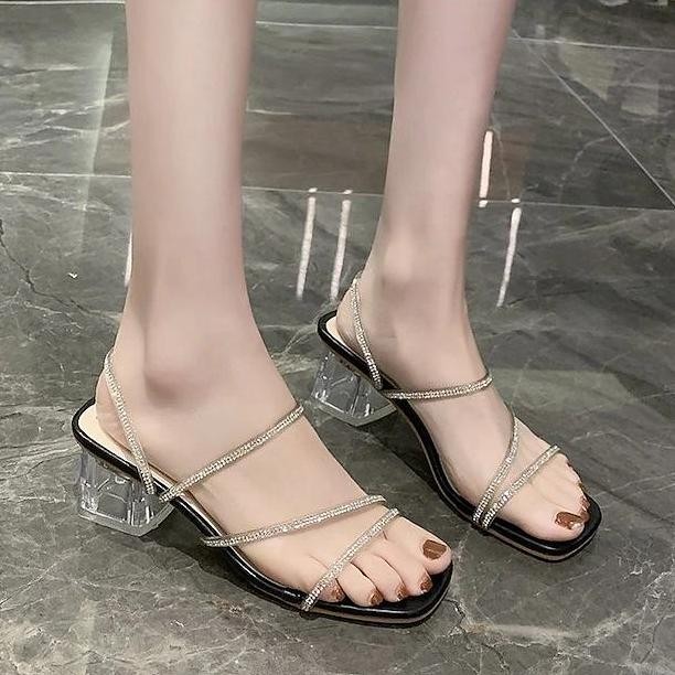 DF356>> Sepatu Wanita Heels Hak Kaca Tali Mutiara 5cm Warna Hitam Putih Sandal Sendal