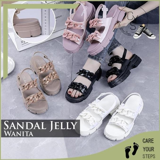 DR62>> Sandal Sepatu Wedges Tali Cewek Wanita Slop Jelly Korea Fashion Style Motif Rantai Kekinian K