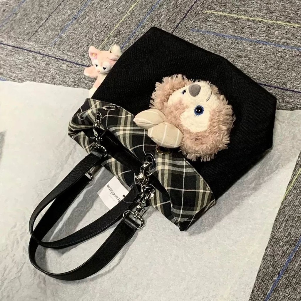 Tas jinjing kotak-kotak tambal sulam yang manis dan keren, tas tangan lucu kotak-kotak hitam dan put