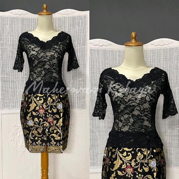 Kebaya Bali Set Brukat Sabrina Pendek Hitam Rok Pendek