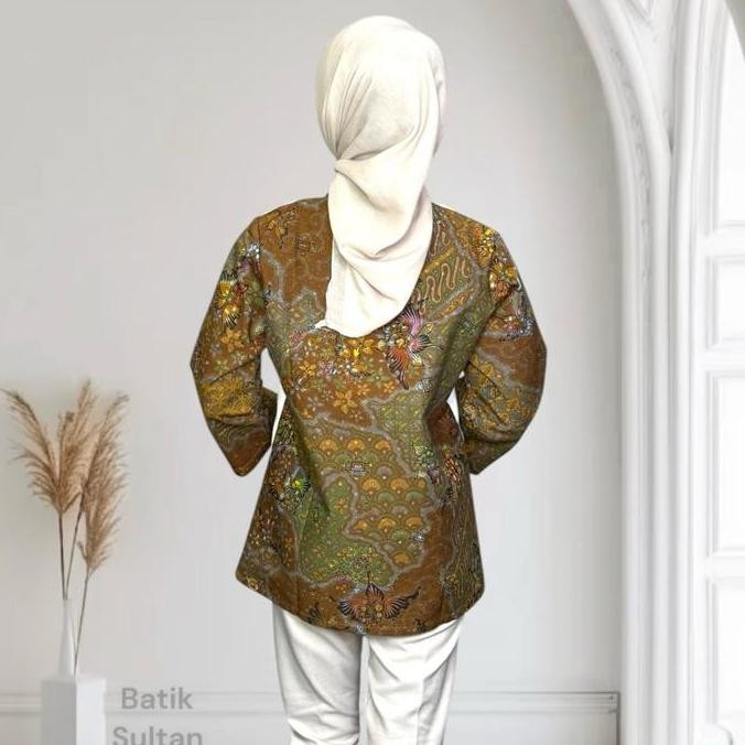 Atasan Blouse Batik Wanita Kain Katun Hand Print Kombinasi Linen Bordir Premium Elegan Lapisan Furin