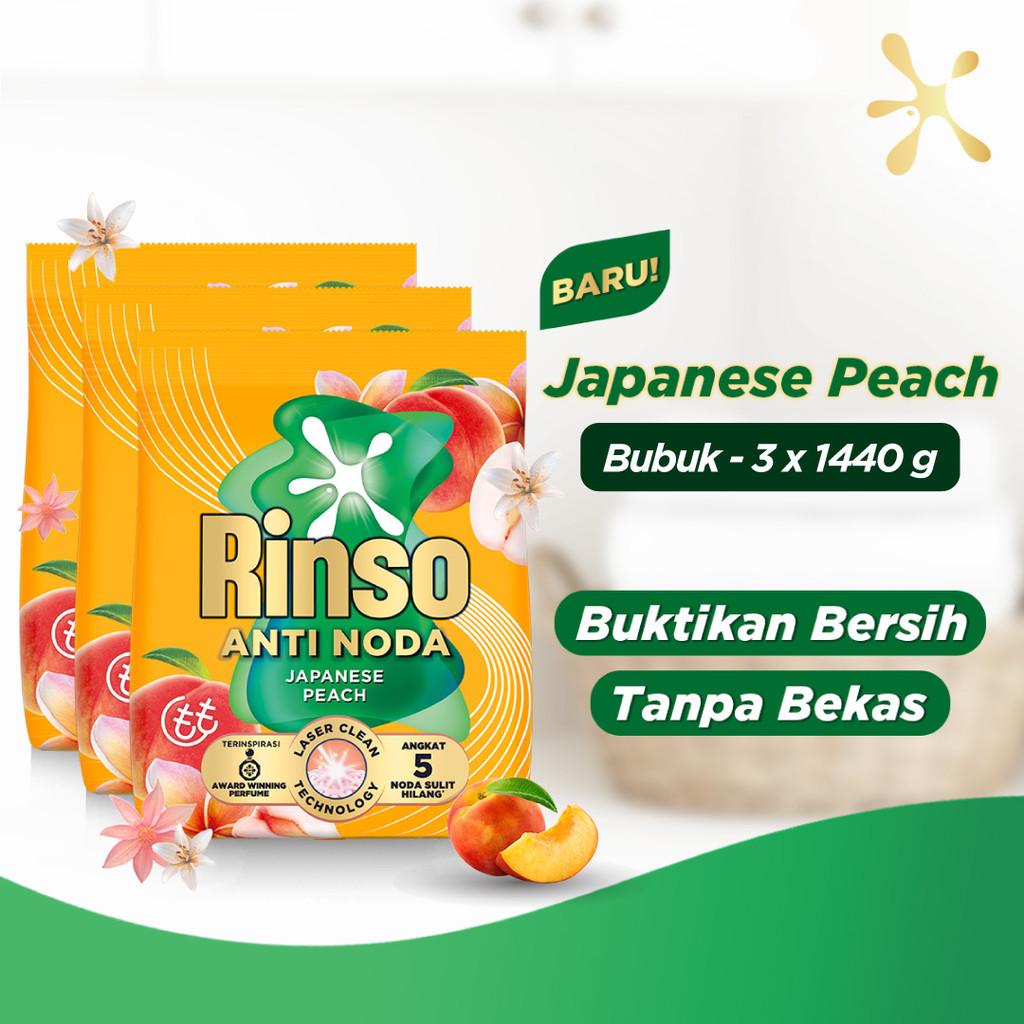 Rinso SensiFresh Detergent Bubuk Deterjen Wangi Segar 48 Jam Japanese Peach  1.440 KG x3