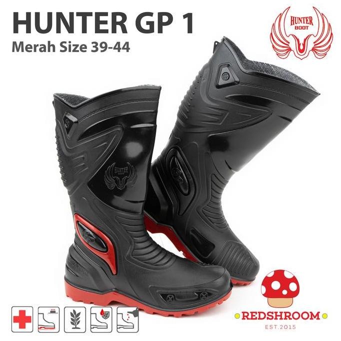Sepatu Boots Tinggi HUNTER GP 1 BLACK/RED Shoes Karet Pria Hitam Kerja SUM