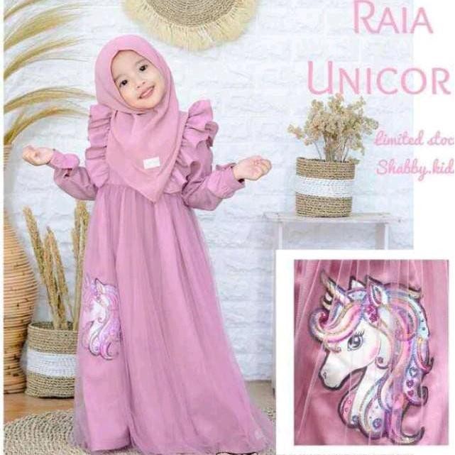 Gamis Raya Unicorn (Komplit Dengan Jilbab) Anak Muslim Cantik Setelan Lembut Baju Nyaman