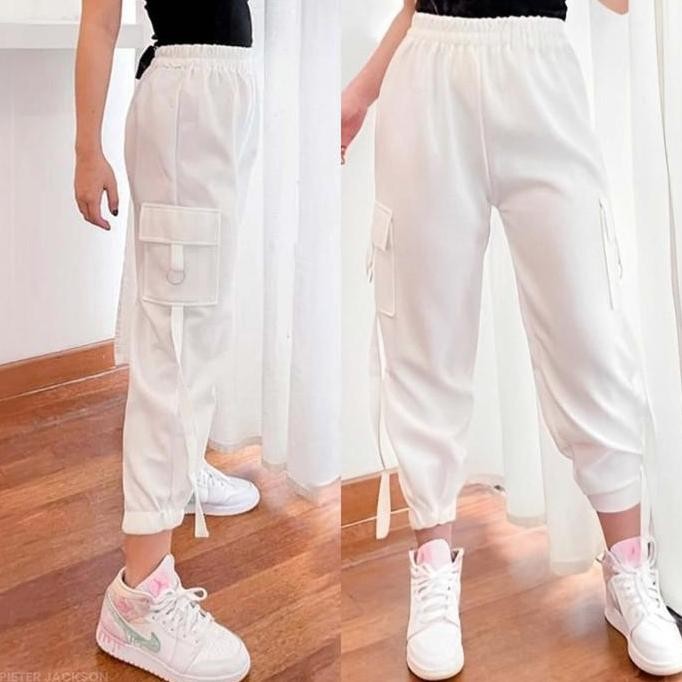 Celana Cargo Wanita Scuba Jogger Pants Hitam Putih Stretch Premium M