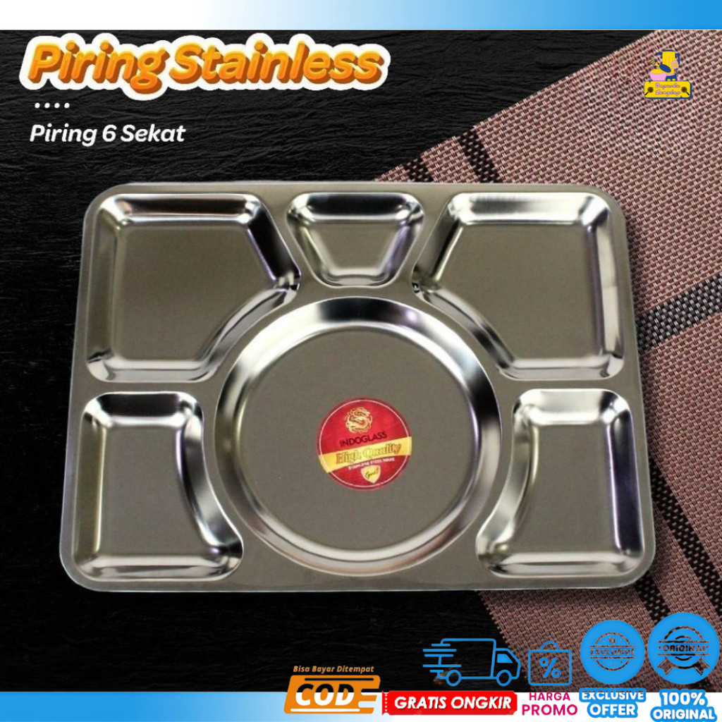 Dapur Stianless -  Food Tray Tebal / Piring Nampan Stainless Sekat 6 / Ompreng Rumah Sakit Sekat Sta