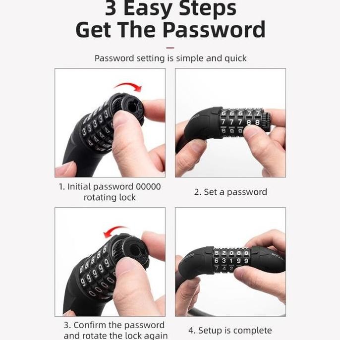 Rockbros Rks870 Kunci Gembok Sepeda Baja 87Cm Bicycle Bike Lock Steel 5 Digit E Mtb Seli Road Outdoo