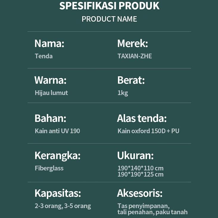 Tenda Camping 2*2M Kemah Luar Ruangan Anti Uv, Tahan Air, Anti Serangga Tenda 3 - 4 Orang, Tenda Hij