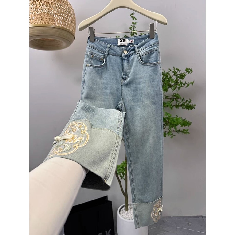 Celana Denim Pendek Wanita Gaya Cina Baru Bordir Kaki Lurus Celana Rokok Longgar Pelangsing Baru