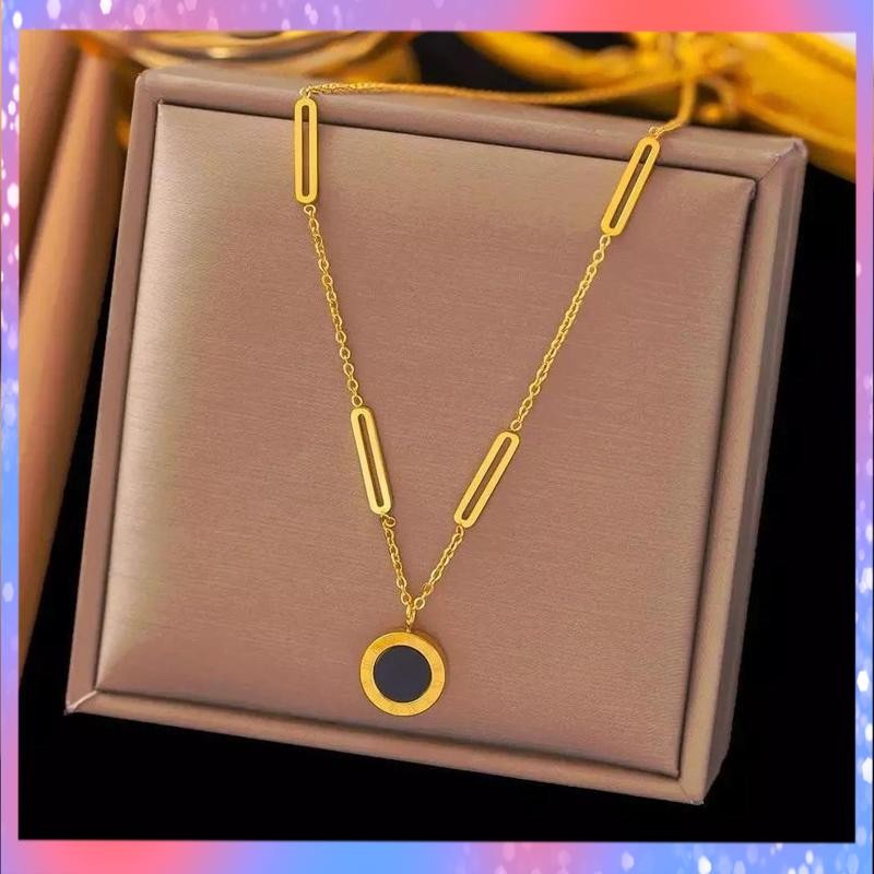 Berkualitas Kalung Wanita Titanium Liontin Bulat Hitam Angka Romawi Anti Karat Luntur - Termurah Ter