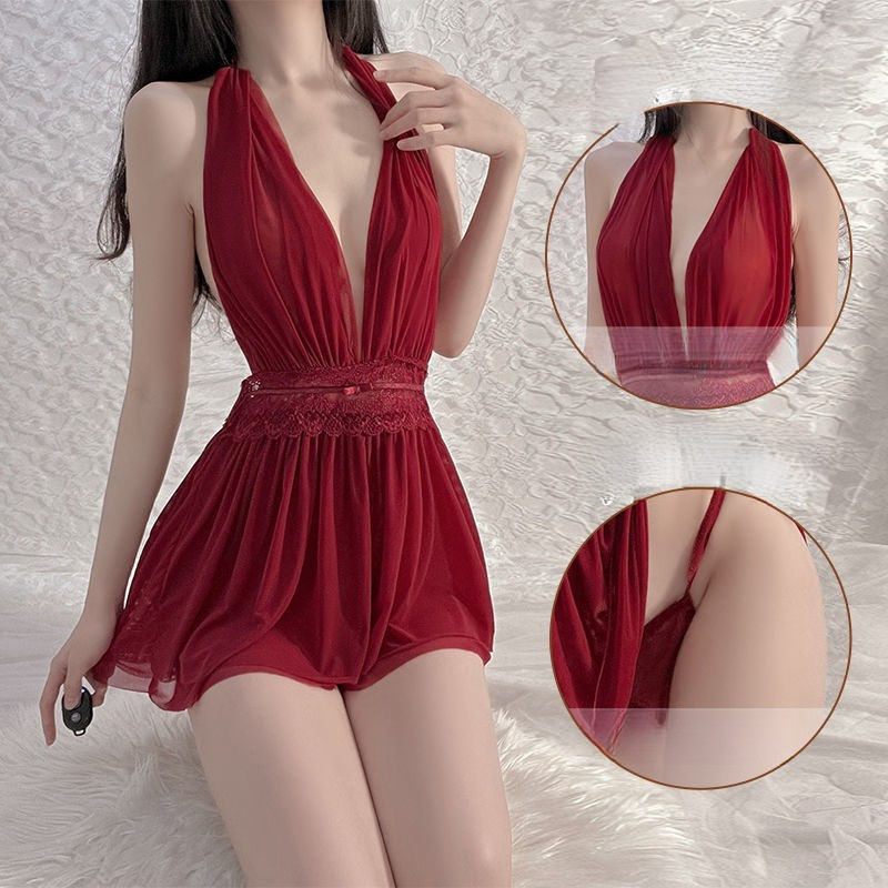 [COD]Lingerie halterneck transparan jala punggung terbuka gaun tidur seksi lingerie piyama wanita