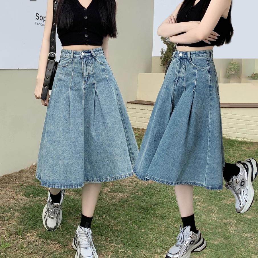 Rok Plisket Rok Midi Rok Jeans Panjang Rok Korean Style Rok Jeans Jumbo