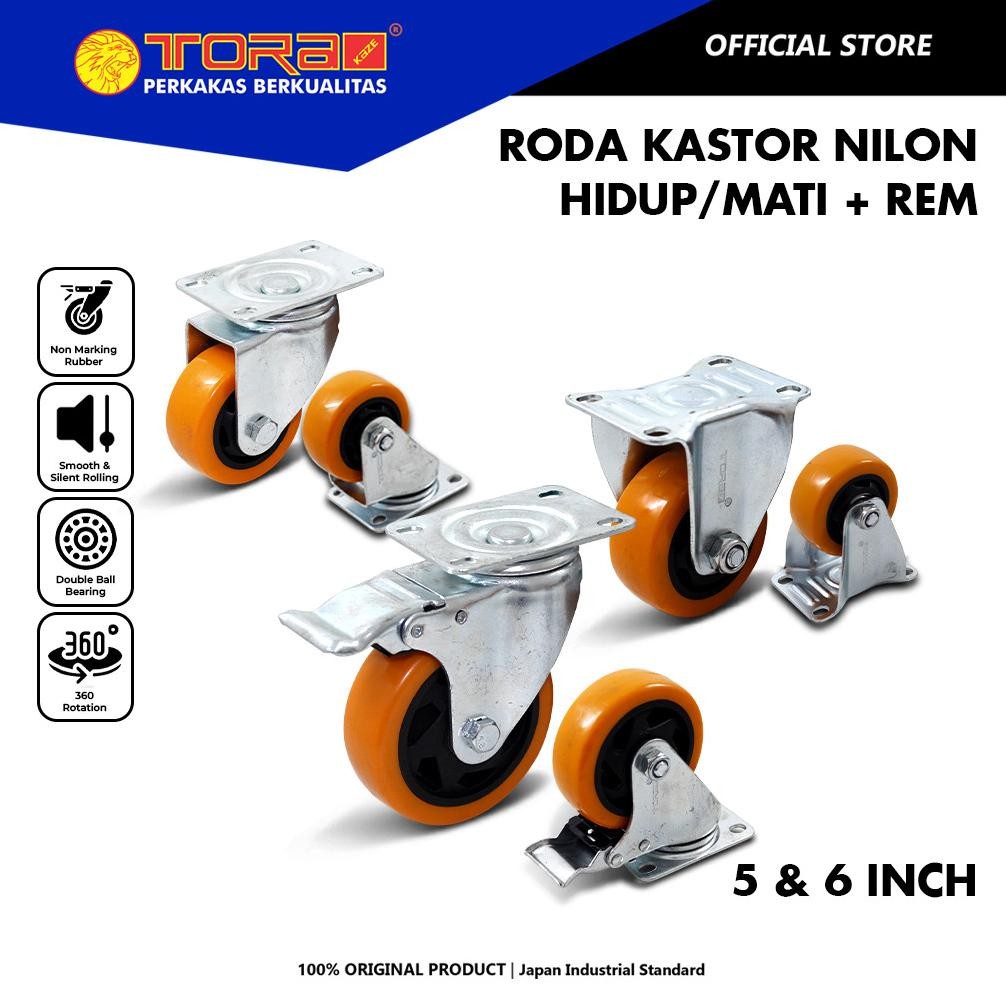 NEW TORA Roda Kastor Nilon 5 & 6 Inch Hidup/Mati + Rem Orange - Roda troli Nylon Furniture Troly Eta