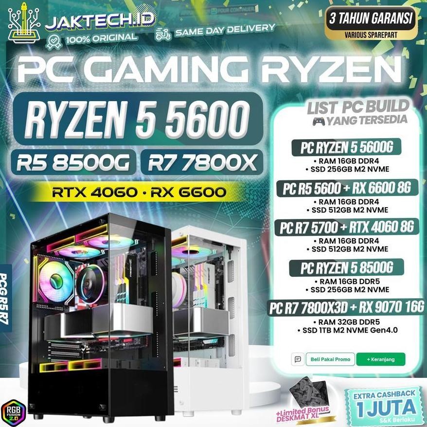 NEW PC Gaming Ryzen 5/7 5600G 8600G 7800X3D | RX 6600/7900/9060/9070XT 16GB | 32GB NVME GEN5x4 Rakit