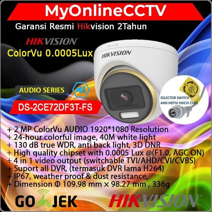 BEBAS ONGKIR - DS-2CE72DF3T-FS Hikvision Kamera CCTV 2MP ColorVu Audio LED 40 Meter