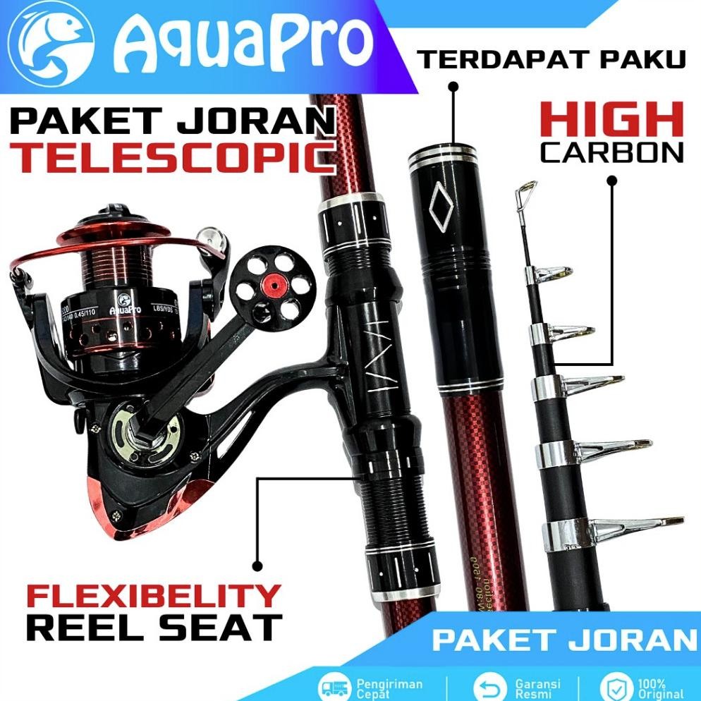 AquaPro Paket Set Joran Laut Telescopic Portable High Carbon dan Reel Pancing Metal Kuat untuk Laut