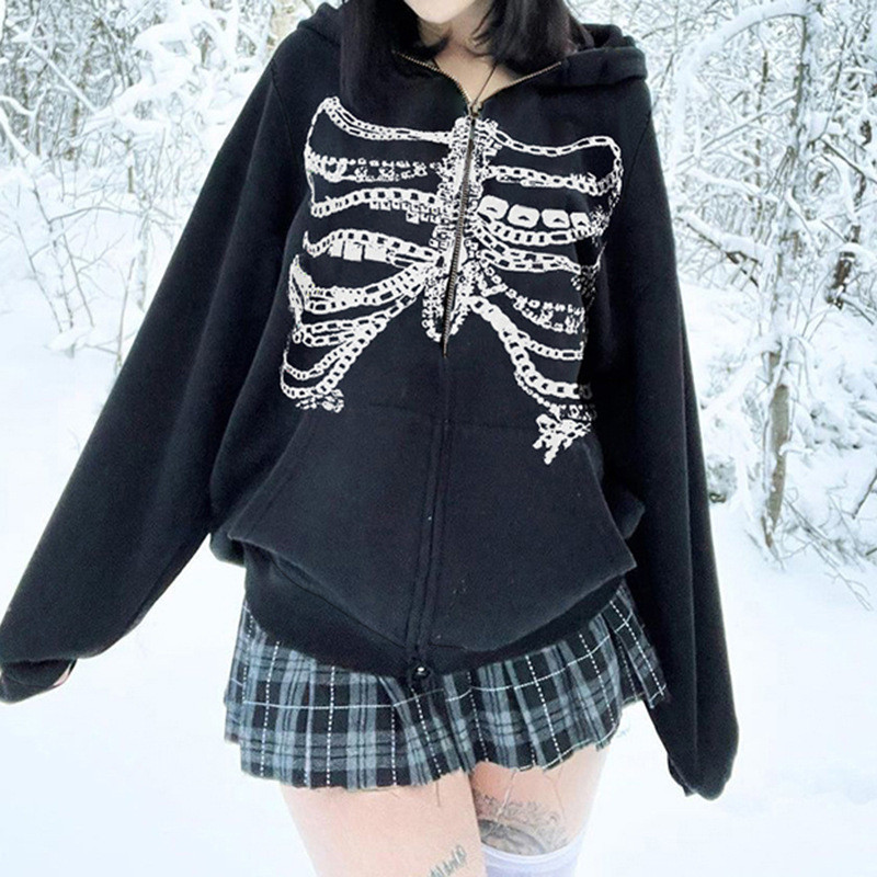 Y2K Subculture Chain Skeleton Print Loose Hoodie Sweatshirt Hot Girl Street Niche Casual Zipper Thin