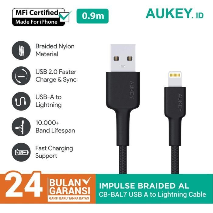 Kabel Charger Iphone Aukey Cb-Bal7 0.9M Mfi Lightning - 501419 Terbaru Best Quality 100% Original