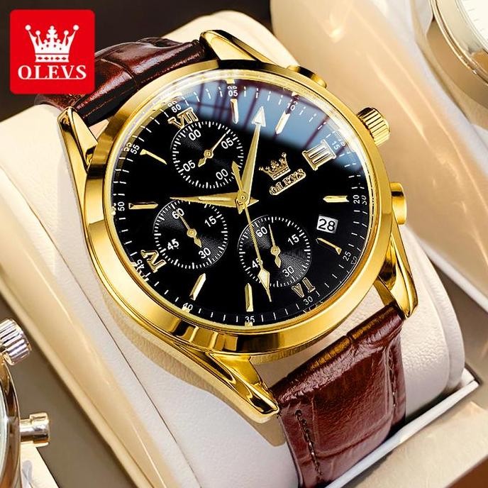OLEVS Jam Tangan Pria Jam Tangan Kuarsa Analog Bercahaya Kronograf Tanggal Multifungsi Bisnis Kulit 