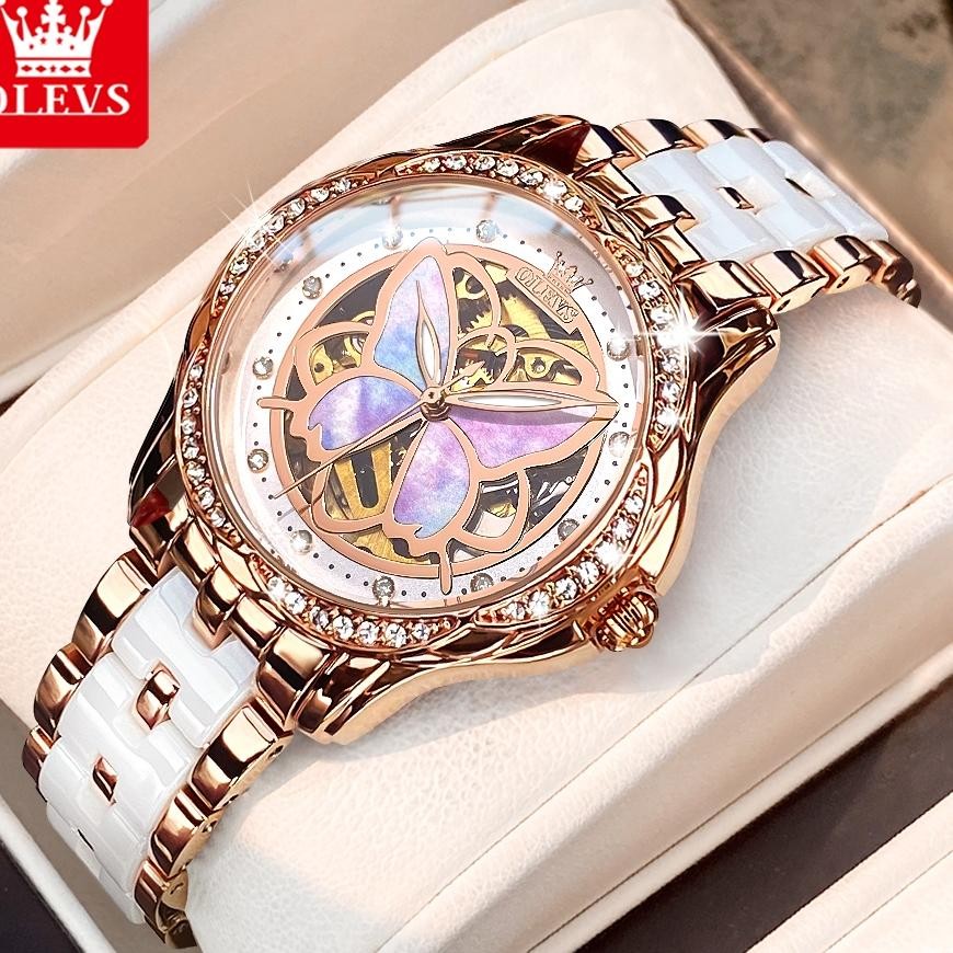 Olevs Jam Tangan Automatic Wanita Anti Air Keramik Mewah Kecil Women Watch