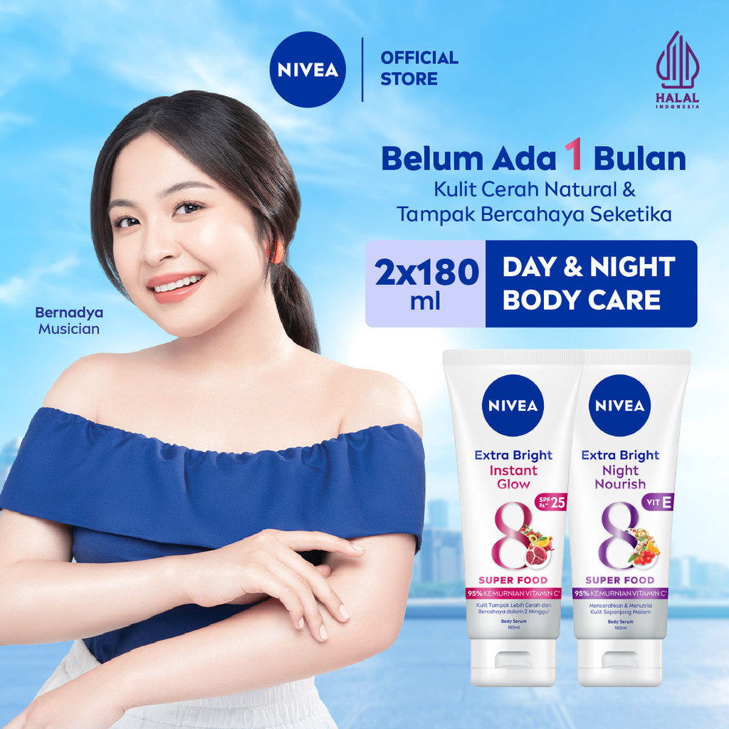 NIVEA Body Serum Extra Bright Day & Night (Instant Glow + Night Nourish) 180ml x2 - Merawat & mencer