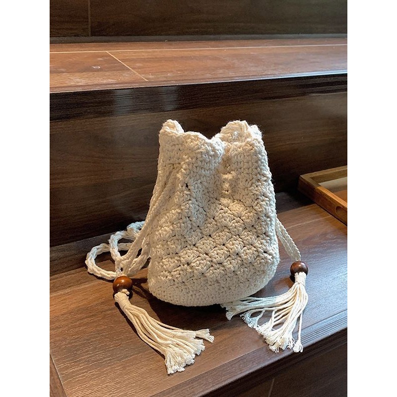 [COD]Tas anyaman gaya Bohemian, tas ember rumbai wanita baru, tas selempang pantai, tas ponsel