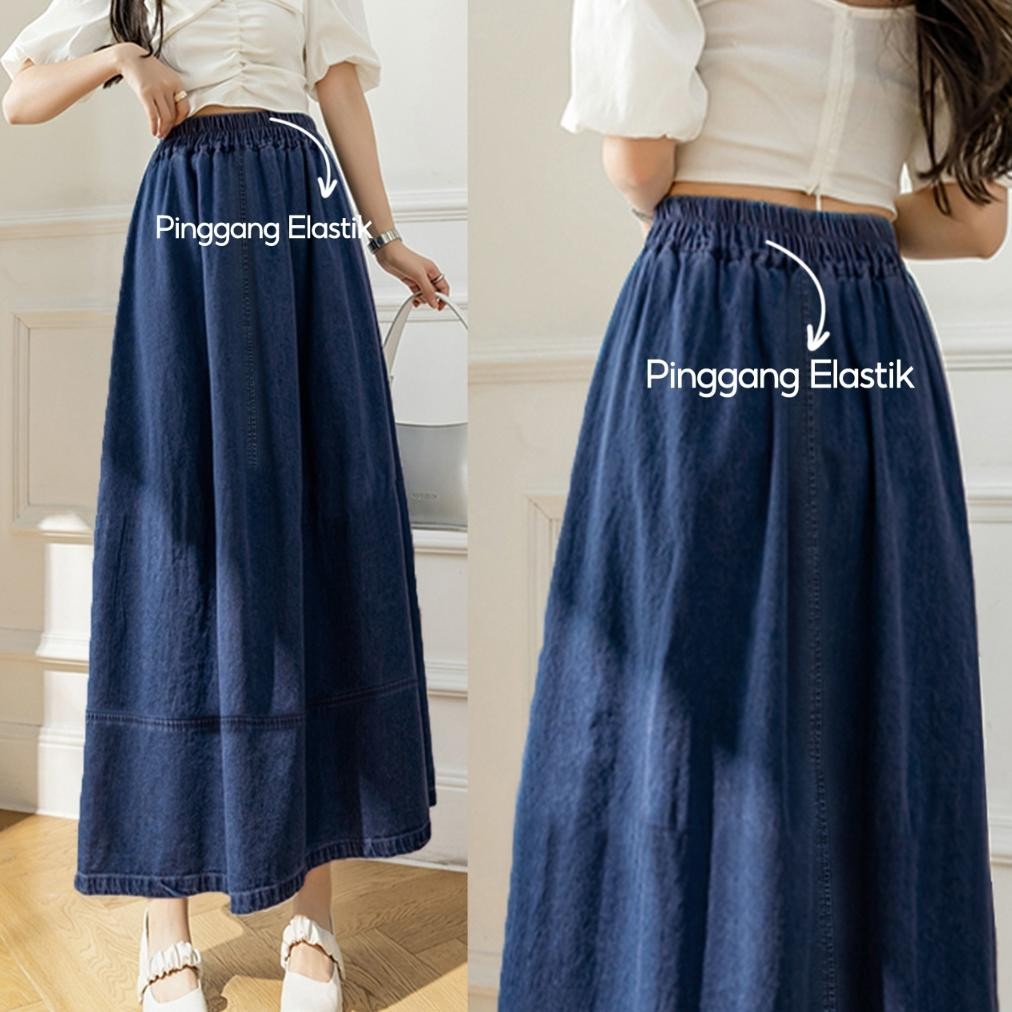 Big Sale - Denim Skirt Rok Wanita Summer Retro Loose Splicing Mid-Length Elastic waist Casual Umbrel