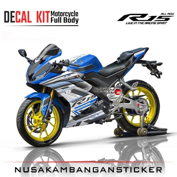 Stiker R15 V3 VVA 155 - Biru Muda Grafis Putih Hitam Motorcycle Original
