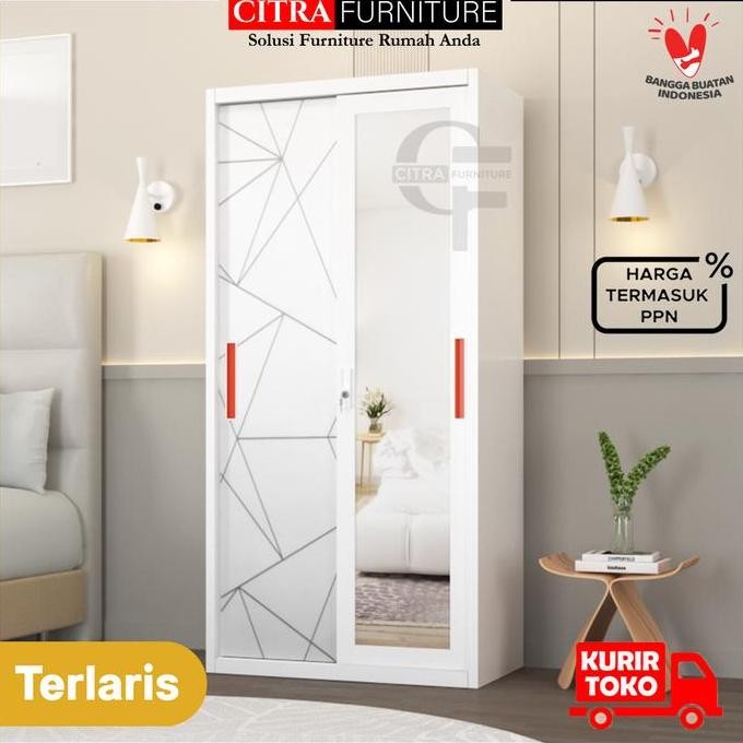 Lemari Pakaian Sliding 2 Pintu Full Cermin|LP Baju Sleding Kaca Full