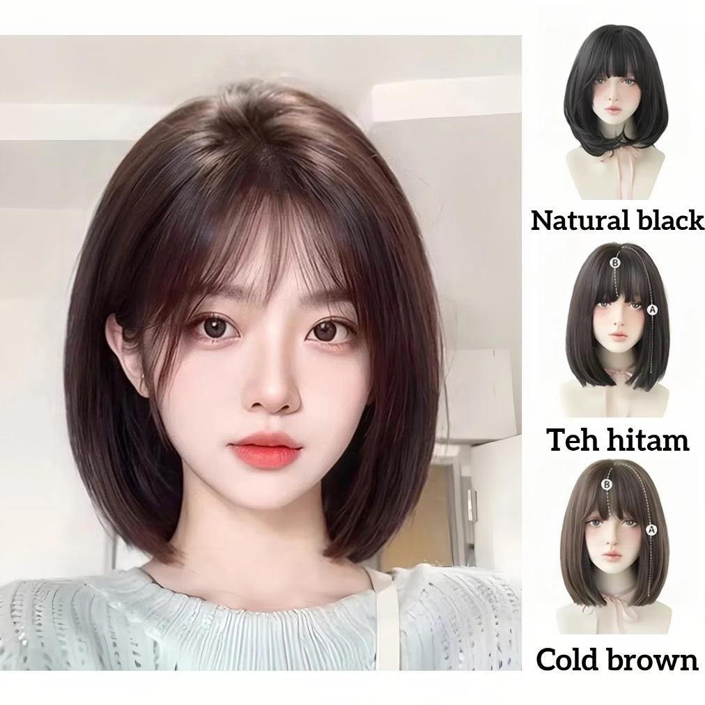 Wig wanita full kepala/Wig rambut pendek wanita/Wig pendek 35CM/wig rambut asli pendek/Wig natural w