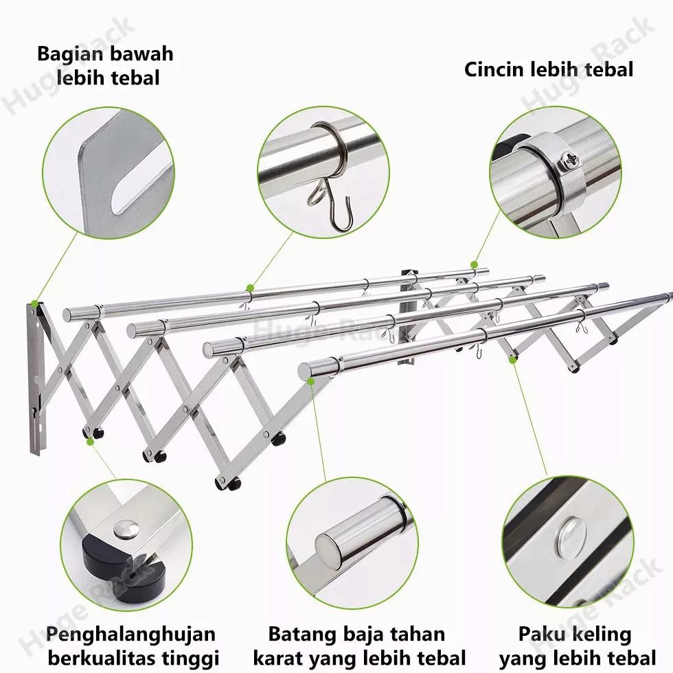 Jemuran Dinding lipat Stainless Jemuran Baju Dinding 200cm Jemuran Pakaian Dinding Jemuran Hanger Po