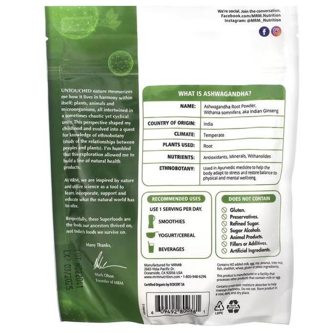 Mrm Nutrition Organic Ashwagandha Root Powder 113 G Original