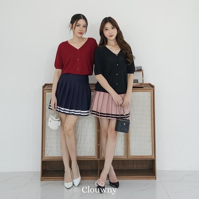 Clouwny Stripes Tennis Skirt Rok Wanita Korea Modern Korean Premium Knitt Pendek Pink Mini Panjang r