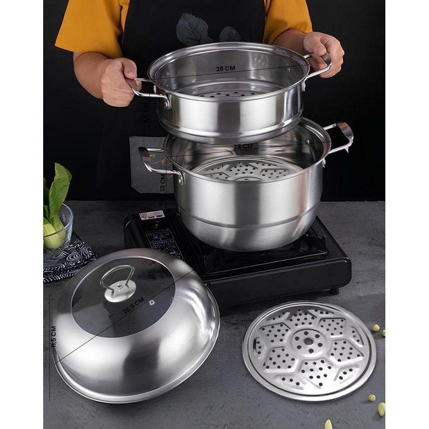 Alaska ASP28 Panci Kukus 1 Set Susun Stainless Steel 3T Diameter 28cm dengan Tutup Kaca & Gagang Ant