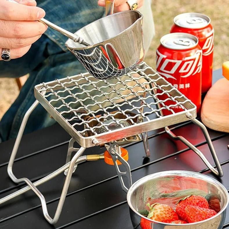 IDEALE- Panggangan Api Unggun Lipat Multifungsi Panggangan Berkemah Baja Tahan Karat Portabel Kompor