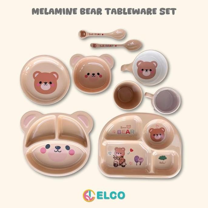 ELCO Premium Melamine Bear kids tableware set plate bowl cup spoon / alat makan anak premium melamin