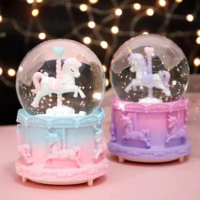 Kotak Musik Little Pony Snowball Kuda Unicorn Lampu Bola Kristal Salju Music Box Carousel Unicorn Me