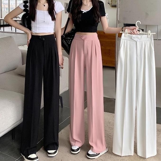 Tino Cjwp-H987 Pants Kulot Celana Kancing Hw Cullote Pants Highwaist Wanita Kulot Karet Casual Katun