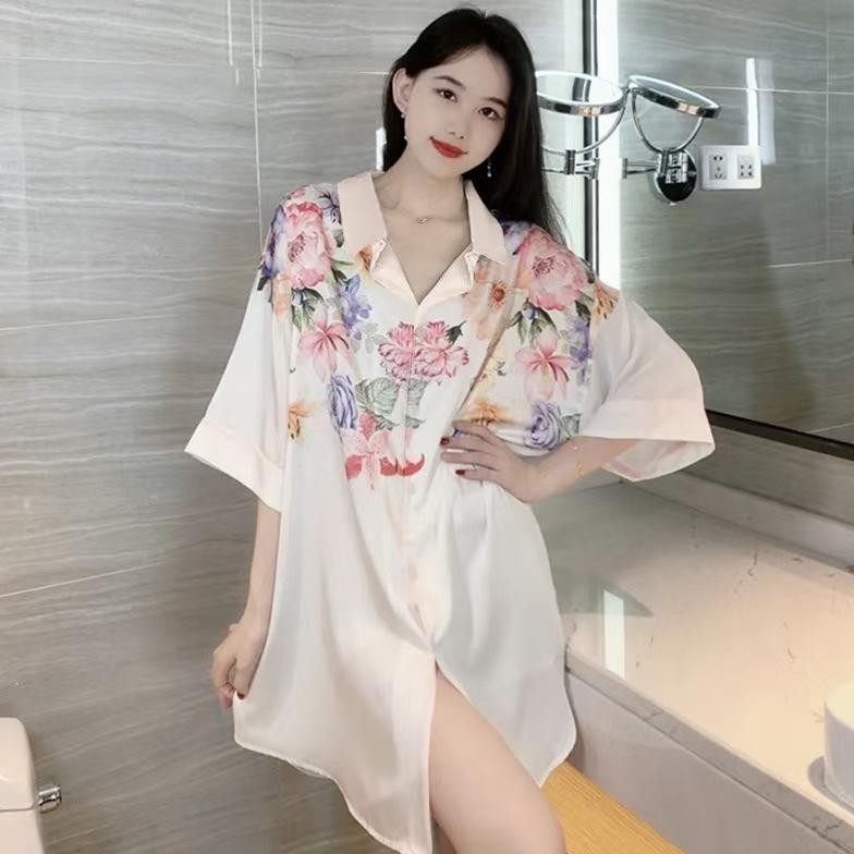 Piyama gaya Korea untuk wanita baju tidur renda musim panas gaun piyama kemeja seksi longgar tipis l