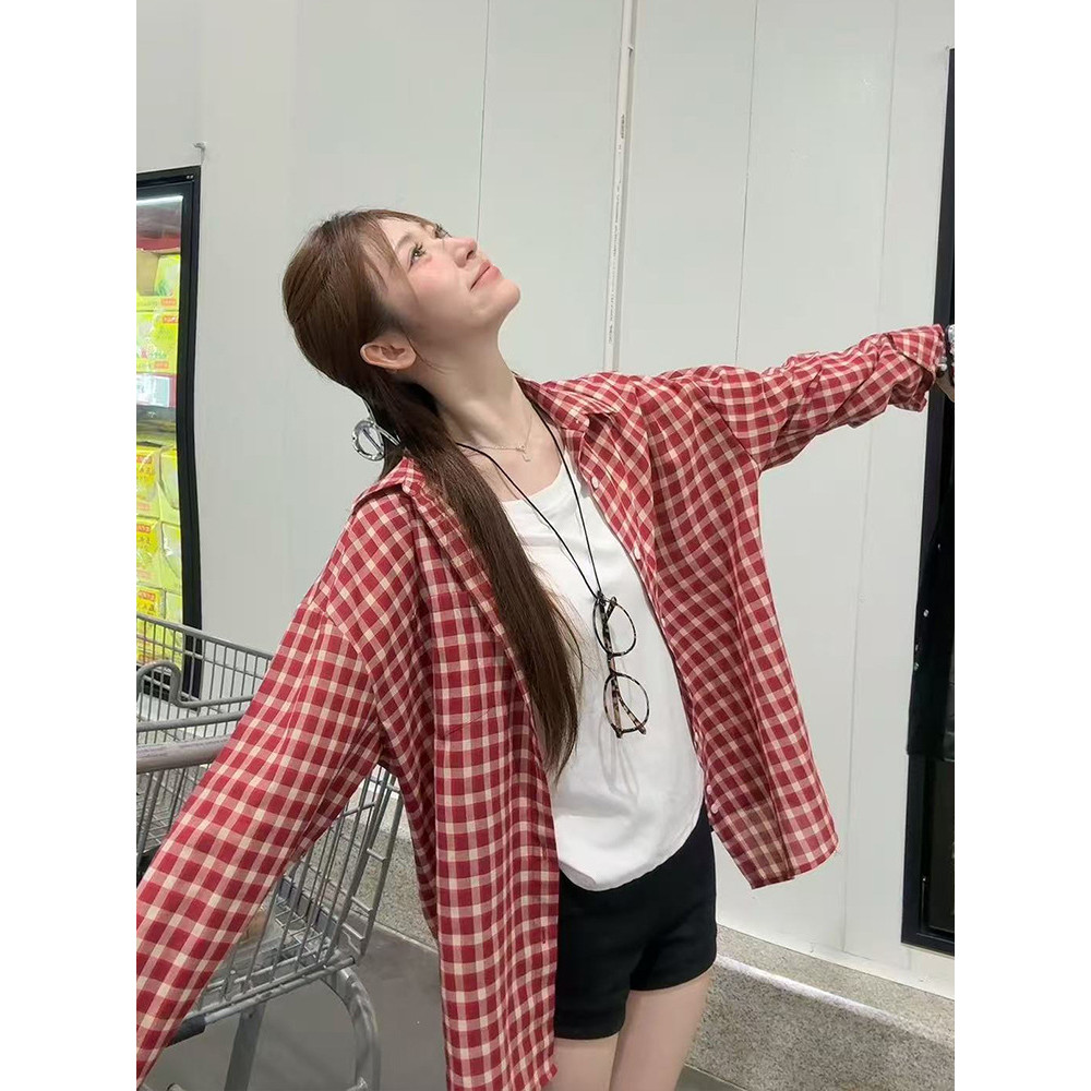 Atasan Kemeja - Kemeja Wanita Kotak Merah Vintage - Kemeja Jaket Kerah Lipat - Kemeja Kotak Longgar