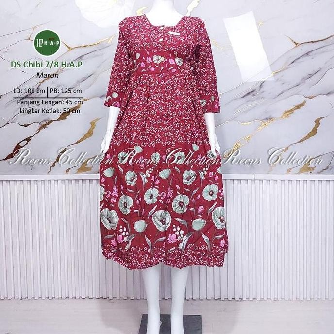 Batik H.A.P Daster Chibi Lengan 7/8 | Daster Panjang Semata Kaki Tali Pinggang Busui 3 Kancing Motif