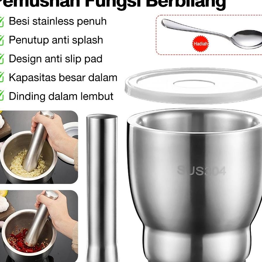 Cobek Stainless Ulekan Stainless Tumbukan Bumbu Dapur Dengan Tutupmortar Pestle Tumbukan Bumbu Stain
