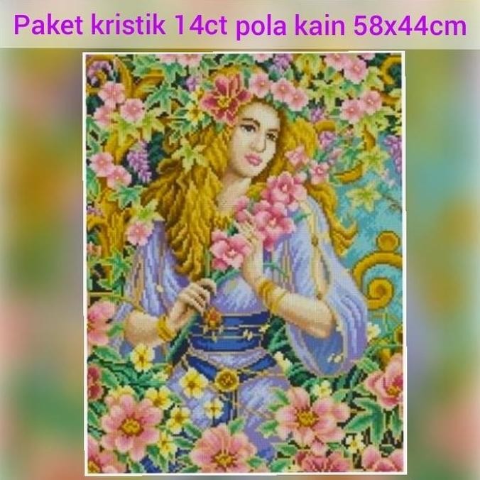 Paket kristik wanita di taman bunga cross stitch pola kain