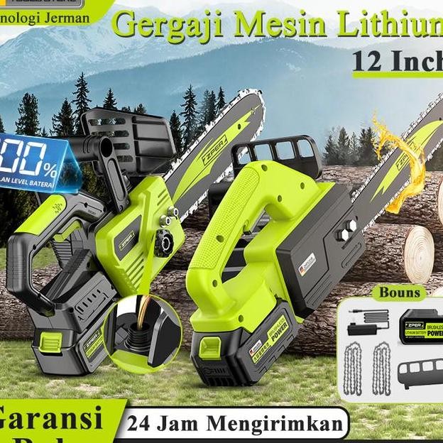 Zper Mesin Gergaji Kayu 12 Inci Led Chainsaw Listrik Gergaji Potong Kayu  Rantai Elektrik Lithium Po