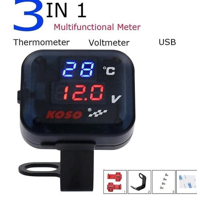 VELDORA- Voltmeter Koso 3 In 1 USB Charger Universal SEMUA MOTOR Anti Air Original Termometer Digita