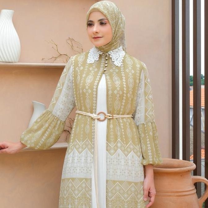 Karla Set Gamis Outer Terbaru Gies Butik Motif Plisket   Formal Muslim Dress Outer Panjang Mewah For