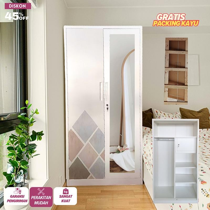 Lemari Pakaian Besi Lemari Pakaian Pintu Ganda 85Cm 2 Pintu 1 Hanger Cermin Minimalis