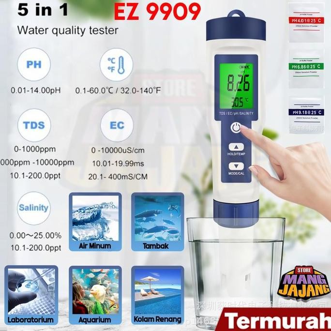 5 IN 1 ALAT UKUR UJI KUALITAS AIR PH TDS EC SALINITY SUHU EZ 9909 ORIGINAL DAN TERPERCAYA