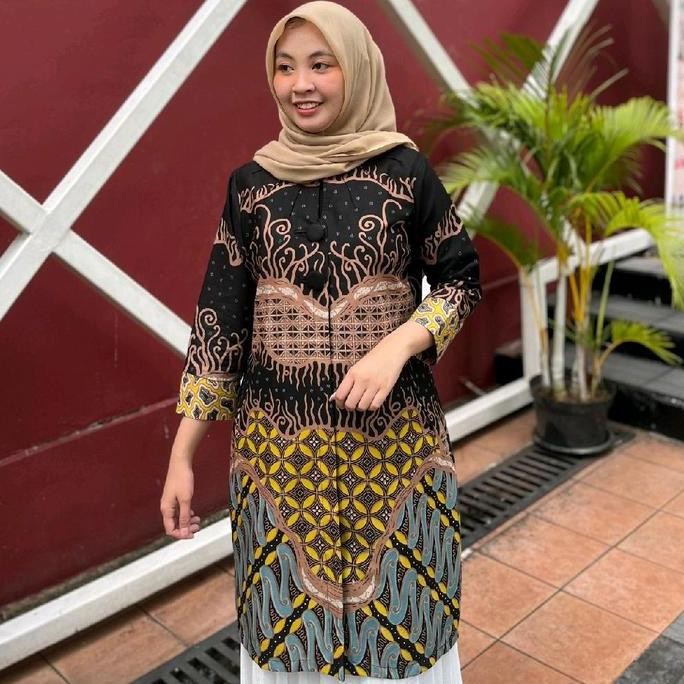 Batik Tunik Wanita Kerja Qistina Batik Bahan Katun Model Kancing Depan Lapis Furing Trikot Motif Hit
